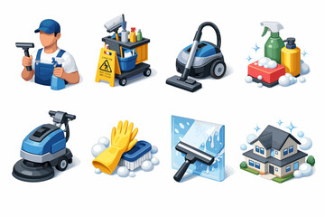 Cleaning equipment icons: tools and supplies for home maintenance and hygiene