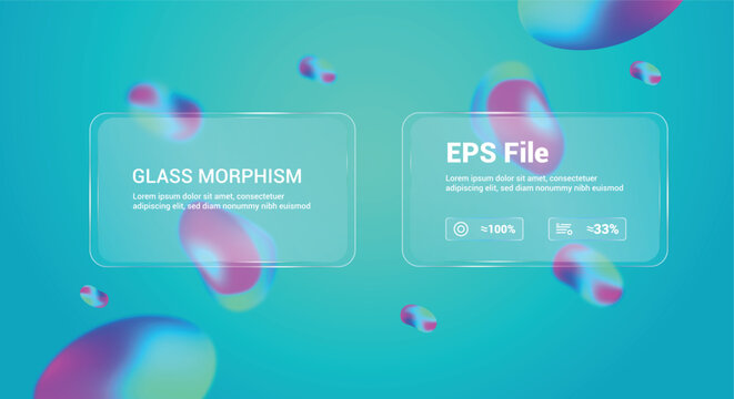 Glass morphism design with colorful bubbles on green background