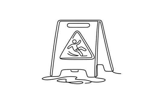 Outline of wet floor caution sign with puddle and slipping icon