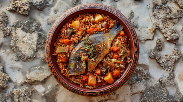 The national dish of Senegal, Thieboudienne, featuring a whole grilled fish served over spiced rice with carrots and vegetables in a clay bowl.
