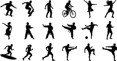Fototapeta premium Sports and activity silhouettes collection featuring skateboarding, cycling, running, dancing and martial arts poses, active lifestyle illustration set isolated background