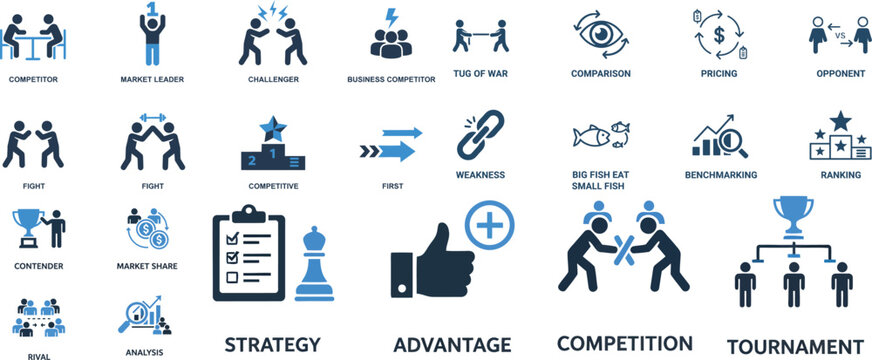 Business Competition Icon Set Flat Two Tone Blue Leader Challenger Strategy Vector