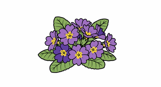 A vibrant cluster of purple primroses with yellow centers and green leaves
