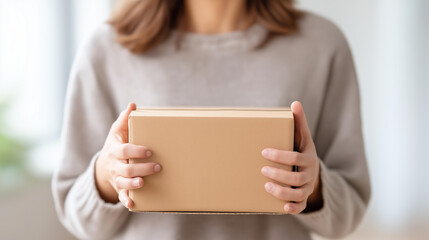 Naklejka premium Faceless shot of a woman holding a plain cardboard box at waist level in a bright minimalist room, online purchase, home delivery, package arrival, simple composition, shipping concept, with