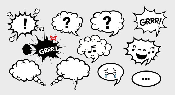 Comic speech and thought bubbles set with various expressions and sounds