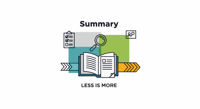 Abstract graphic representing summary, analysis, and conciseness with text