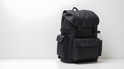 Fototapeta premium A sleek, modern black backpack with multiple compartments and a side water bottle holder, set against a clean white background