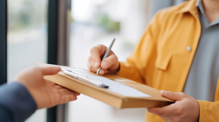 Fototapeta premium Faceless close-up of a delivery worker handing a parcel to a customer while the customer signs a clipboard at a bright front entrance, delivery confirmation, shipping receipt, service