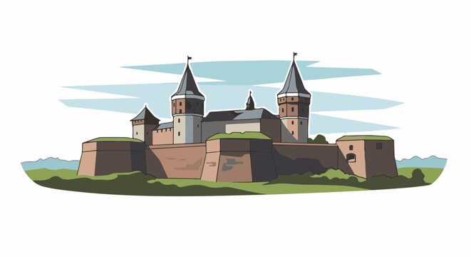 A stone fortress with tall, conical towers, fortified walls, and grassy ramparts