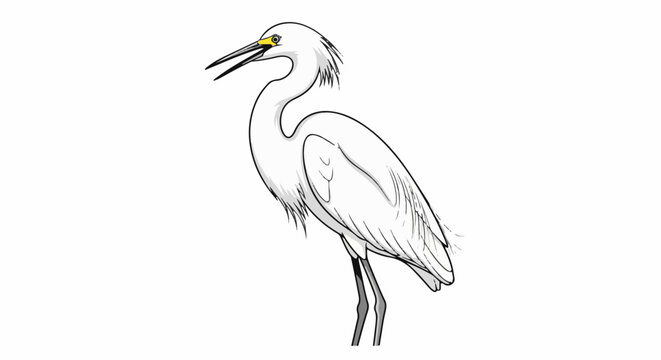 A white heron stands with its beak open, revealing a yellow eye