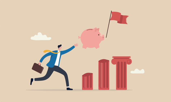 Loss crisis or stock flag on red pillars market crash, financial problem or losing all savings pension concept, businessman running trying to catch flying deflate bank balloon
