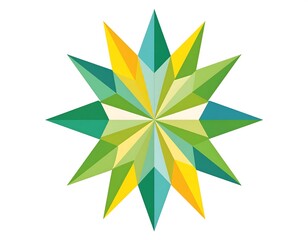 Obraz premium A geometric, multifaceted star composed of various shades of green, yellow, and blue arranged in a symmetrical pattern against a plain white background