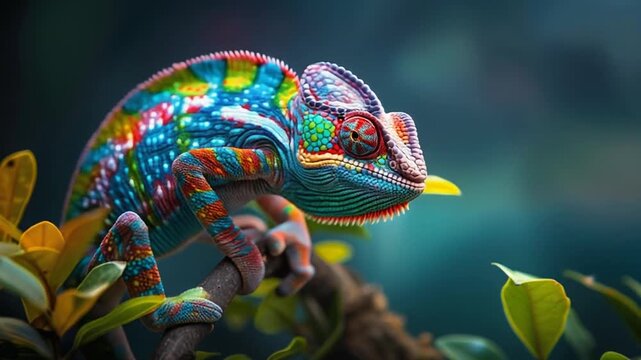 A vibrant chameleon perches on a branch, showcasing a rainbow of colors against a green backdrop