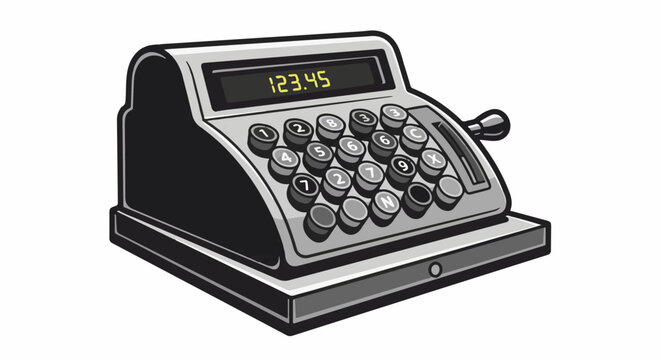 Vintage cash register with numeric keypad and display showing 123.45