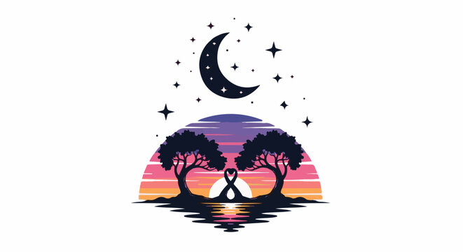 Two trees with intertwined trunks under a crescent moon and stars