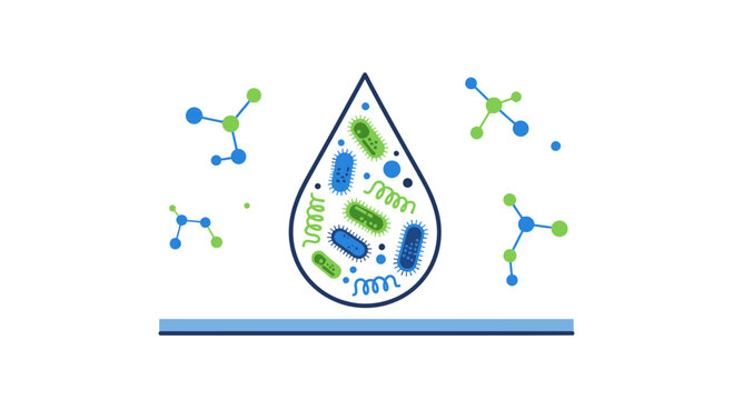 Microscopic Bacteria and Molecules in Water Droplet, Scientific Research Concept