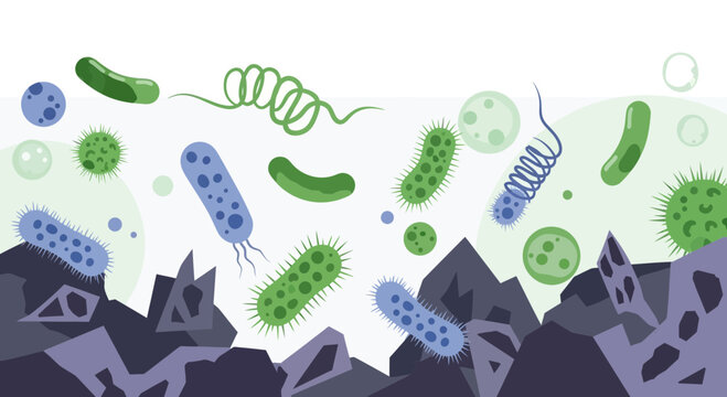 Microscopic Bacteria and Viruses Floating Above Dark Jagged Rocks