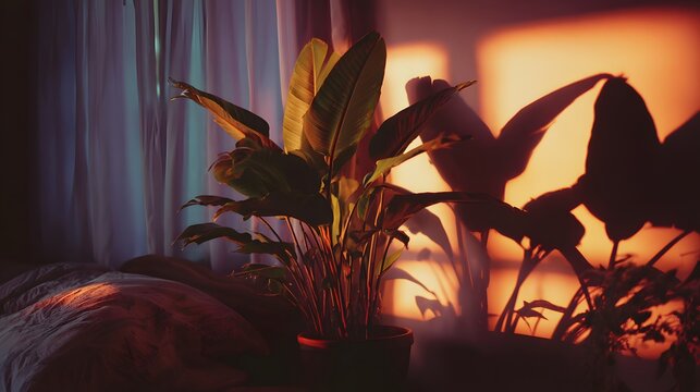 Indoor plant captured under soft bedroom lighting, casting gentle shadows that reflect biophilia and circadian rhythms.