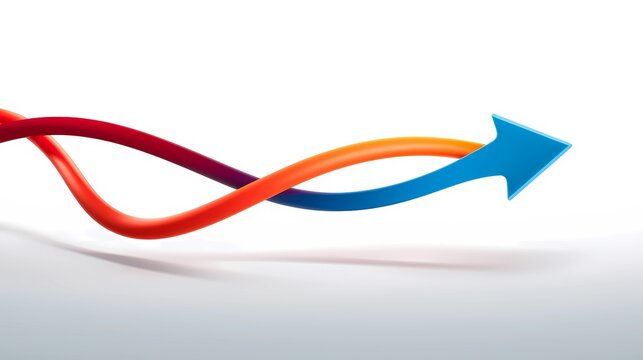 Three colorful intertwining 3D arrows merging into one blue arrow head on white background, business convergence and synergy concept.