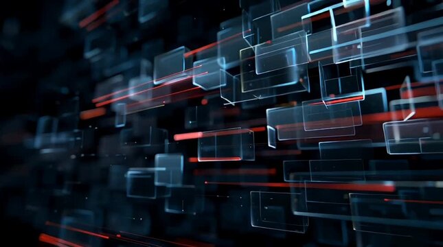 Abstract digital network of glowing squares and red lines in motion