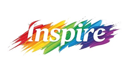 Obraz premium Inspire word in white letters with a vibrant rainbow paint splash effect, symbolizing creativity, motivation, and positive energy on a white background.