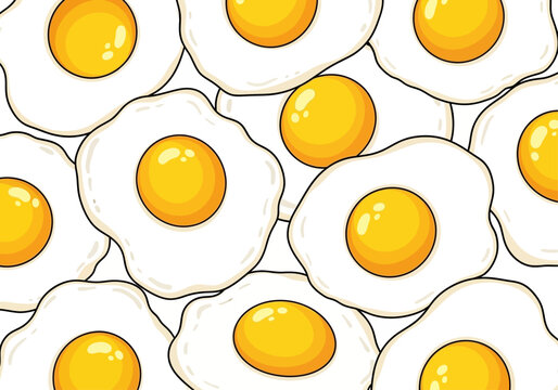 Seamless pattern of cartoon fried eggs with bright yellow yolks and white borders white background