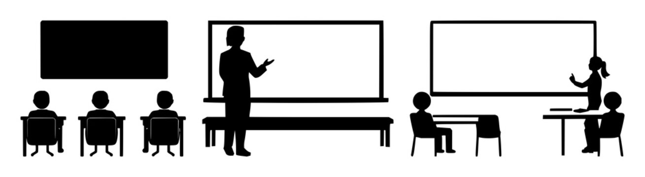 Training classroom icon set with solid black symbol on white background featuring classroom, teacher, students with whiteboard and chalkboard
