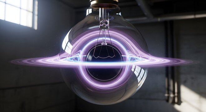 Black hole with glowing purple accretion disk inside a light bulb
