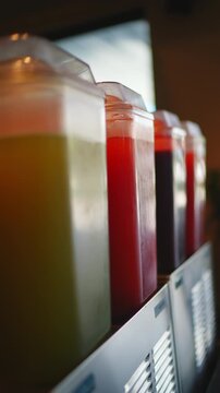 A slow, cinematic pan shot across a row of colorful fruit juices in beverage dispensers. Close-up with shallow depth of field highlights refreshing drinks in a cafe or buffet. Vertical video