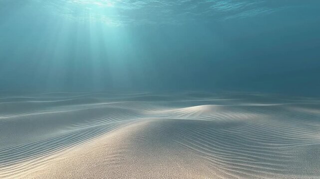Serene underwater scene with rippled sand and sunbeams piercing the water's surface