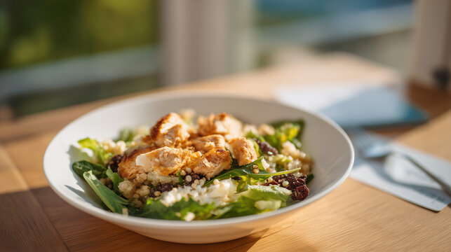 Nutrition journal open beside balanced meal plate, therapist's business card visible on table edge, soft natural window light, ideal for eating disorder treatment, recovery support, and modern menta