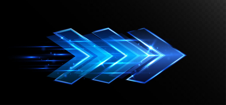 Glowing blue arrow with light streaks and futuristic motion effect on dark background

