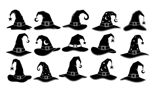Black witch hat vector silhouettes set with stars, moons, buckles, ribbons, and spiders for Halloween designs