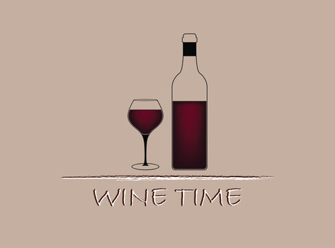 Wine time card concept, wine bottle and glass, vector illustration