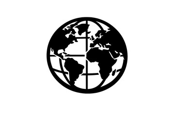 Fototapeta premium Black and white globe icon depicting continents on a white background