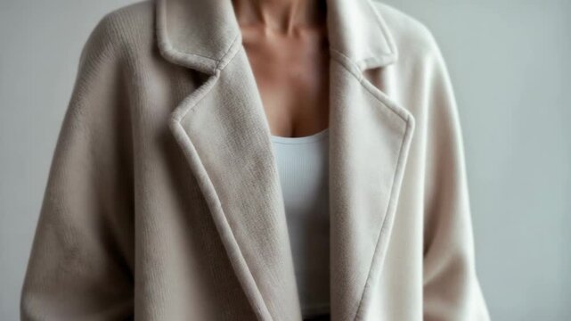 Fashion display in a studio with a model showcasing a cozy jacket and top during a style shoot