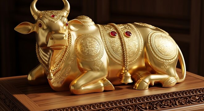 Intricate golden statue of a cow with decorative patterns and gemstones on ornate base
