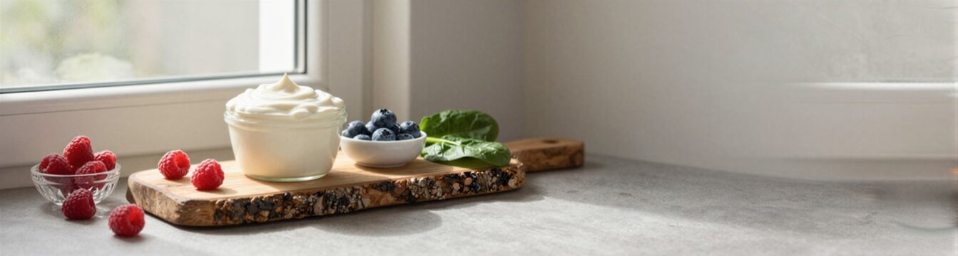 Berries and cream arranged on wooden board by window