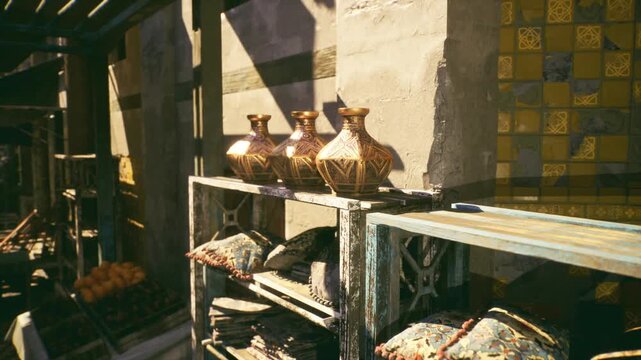 Vintage market shelf with ceramic jugs, Gold Souk market curio scene featuring patterned cushions, brass vessels and weathered tiles on display under soft