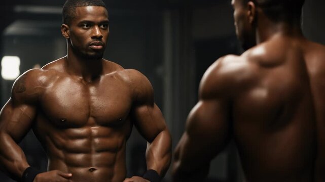 Young, handsome African American bodybuilder with a defined six pack looking at his reflection in the gym mirror, assessing his physical progress with concentration and pride