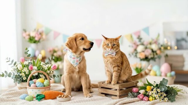 Golden retriever dog and ginger cat posing with easter basket full of eggs. Festive pets surrounded by tulips and spring flowers. Holiday celebration concept for animal companionship and seasonal