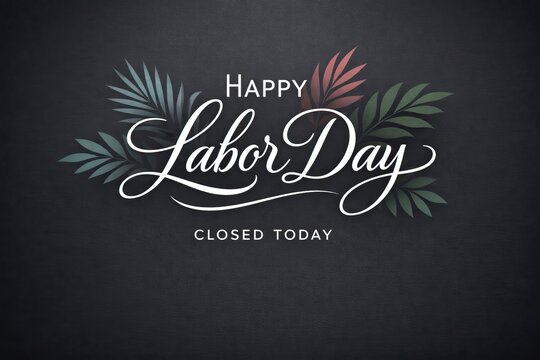 Happy Labor Day greeting card, elegant white calligraphy on dark textured background, closed today business announcement with tropical leaves