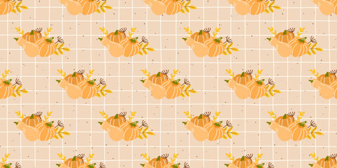 Pumpkin pattern harvest seamless halloween leaf fall thanksgiving print and acorn autumn background with decorative floral vine. Cozy cottagecore gingham or checkered wallpaper for nursery © alia.kurianova