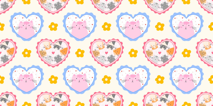 Seamless spring frame with floral patchwork cat for kawaii flower cute. Pattern daisy girly with holiday ornament checkered for fruit checkerboard illustration. Quilt ribbon seamless.