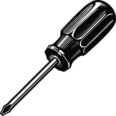 Fototapeta premium Screwdriver tool with pointed tip and striped handle, isolated on white background, vintage engraving illustration for design and decoration