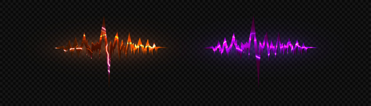 Dynamic sound waves visualizing the frequency and rhythm of sound. Two bright energy pulses, one orange, the other purple, against a dark background.