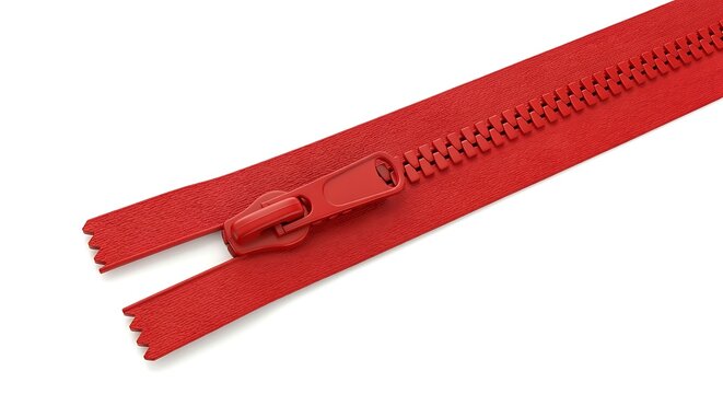 Red plastic zipper with two sliders on white background  closed and open zip fastener for clothing and bags