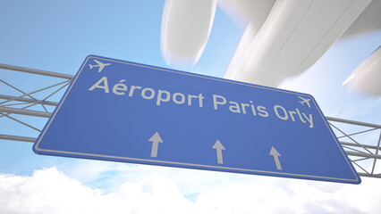 Highway direction sign for Paris Orly Airport with passenger jet lowering toward the airport, arriving to Paris, France. 3D rendering © Maxim