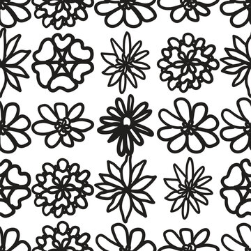 Doodle florals forming seamless repeating pattern, featuring delicate blooming flowers blending organically across surface for textile and design applications