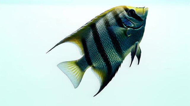 Tropical Striped Angelfish Swimming Gracefully In Clear Ocean Water.